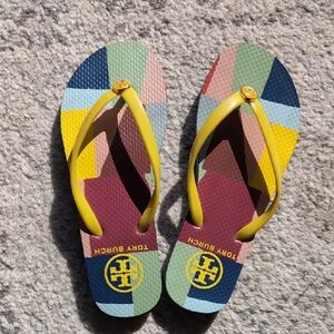 Tory Burch Multicolor Geometric Flip Flops with Yellow Straps